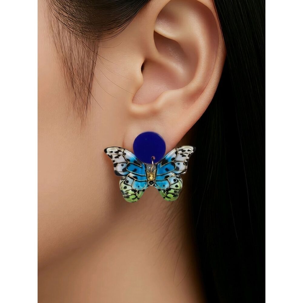 Blue Colorful Acrylic Butterfly Earrings Stud Dangle Y2K Fairycore Statement NWT